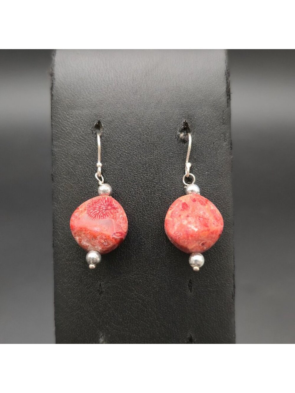 Sterling Silver Red Sponge Coral Cushion Cut Bead Dangle Drop Earrings A8560